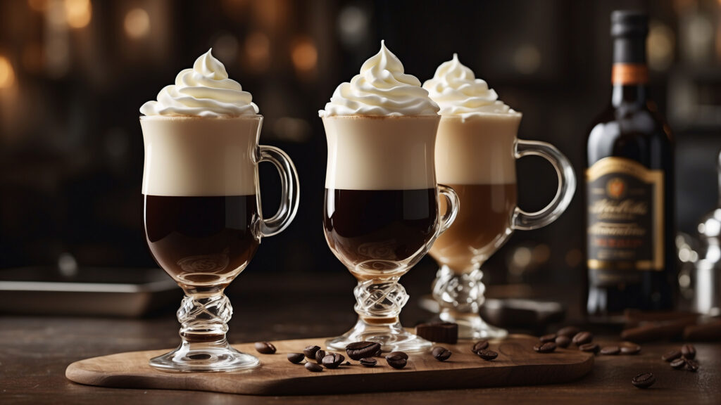 Three glasses of Irish coffee, on a wooden board with coffee beans scattered around, and a bottle of whiskey in the background.