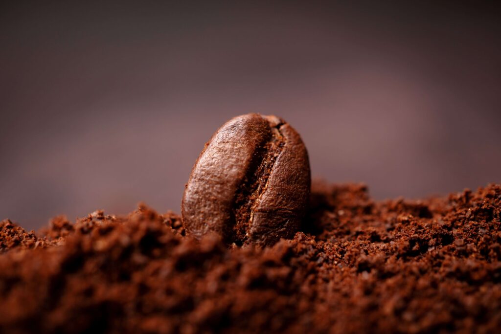 A closeup of a coffee bean sitting on a heap of ground roast coffee against a coffee colored background