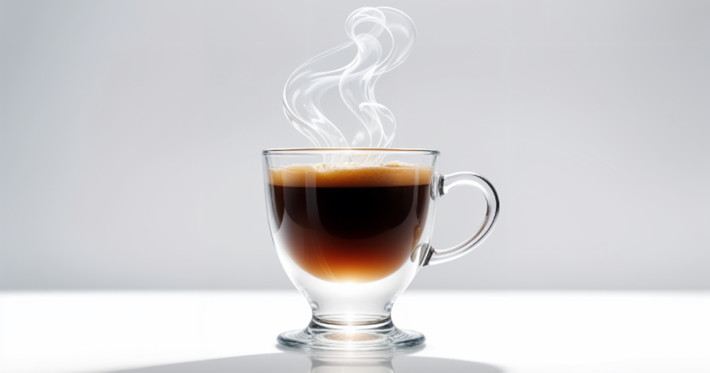 steaming cup of espresso in a clear glass in front of a white background