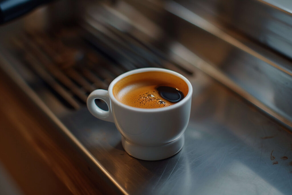 Fresh espresso shot in a small white cup made from an automatic coffee machine