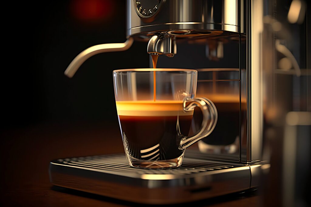 All-in-one coffee machine brewing a fresh espresso cup into a clear mug