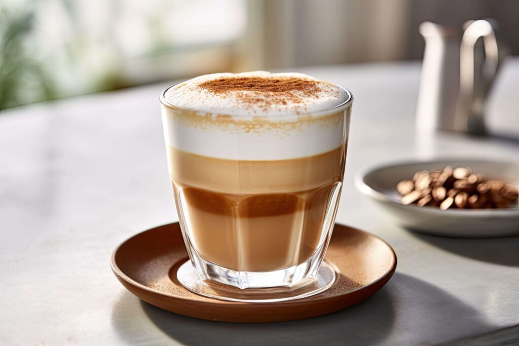 Cup of freshly brewed layered cappuccino made by an all-in-one-coffee machine