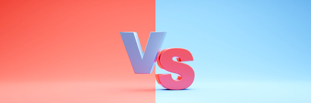 A versus sign symbolizing the choice between a cheap espresso machine vs expensive ones.