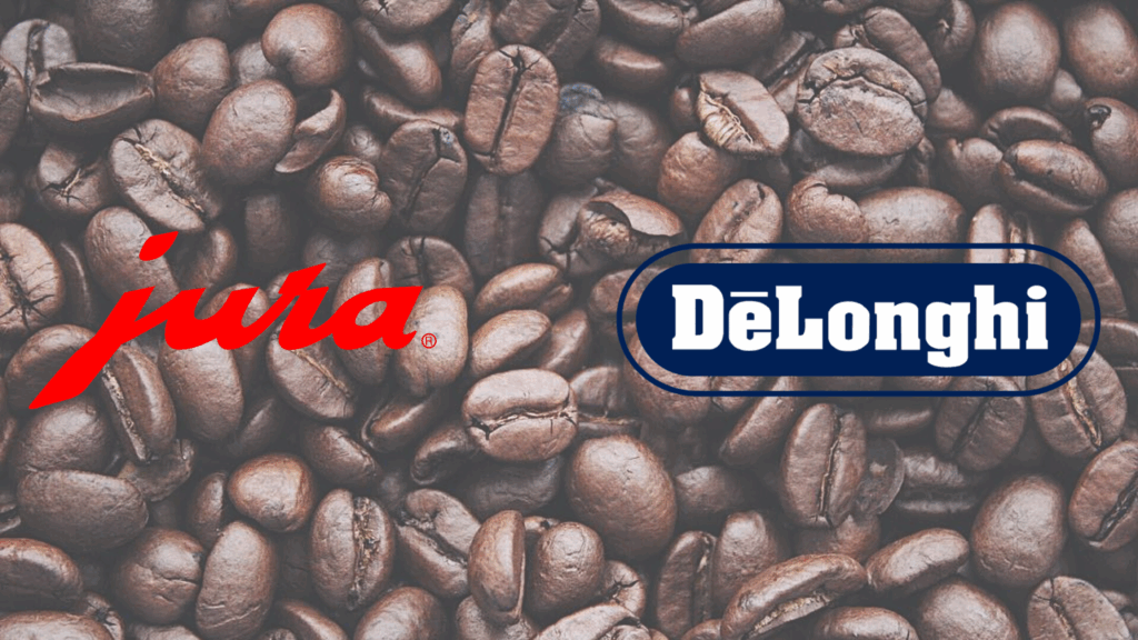 Jura and De’Longhi logos on a coffee bean background symbolising coffee machine comparison